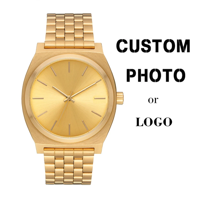 New Gold Unisex Style Wrist Quartz Watch Custom Brand Logo Or Photo Stainless Steel Band Japan Movement Wholesale