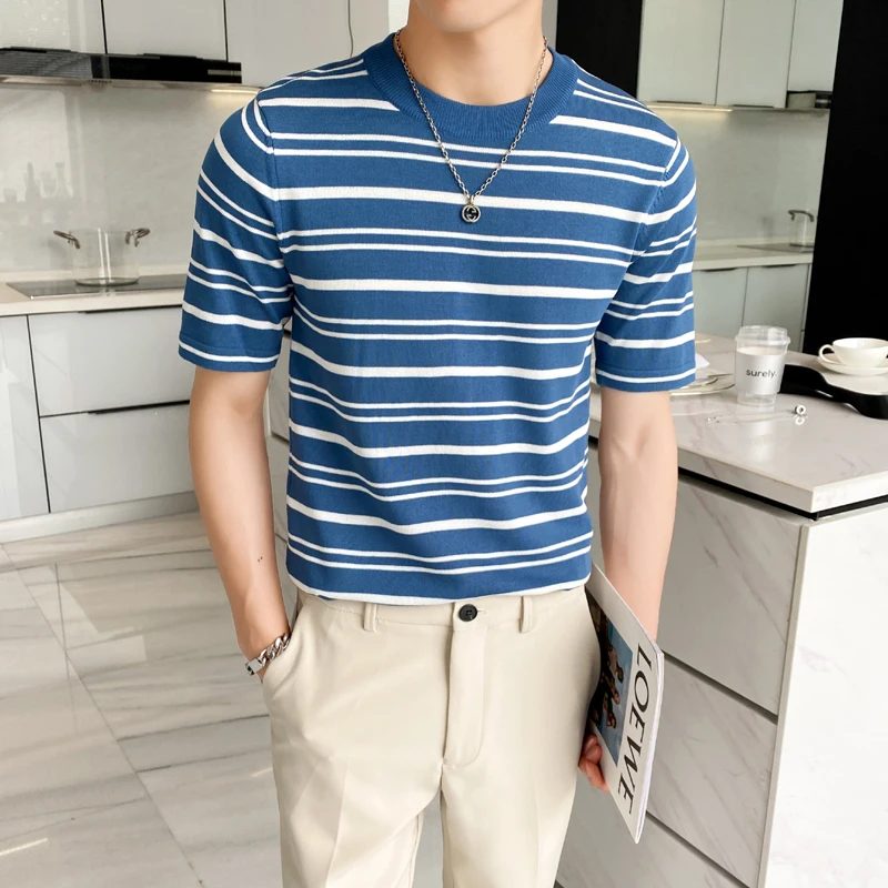

Летняя мужская футболка с круглым вырезом, в полоску, с коротким рукавом, вязаная, приталенная, повседневная, модная, в корейском стиле, для утонченного образа