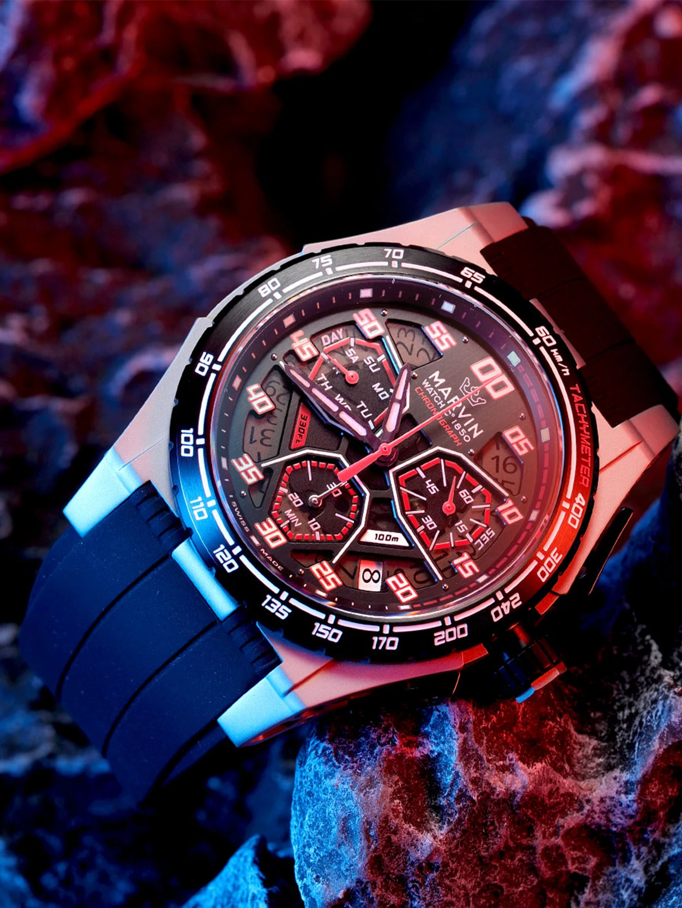 Swiss Chronograph Mens Casual Watches Waterproof with White Dial and Black Rubber Strap M023.15.49.94