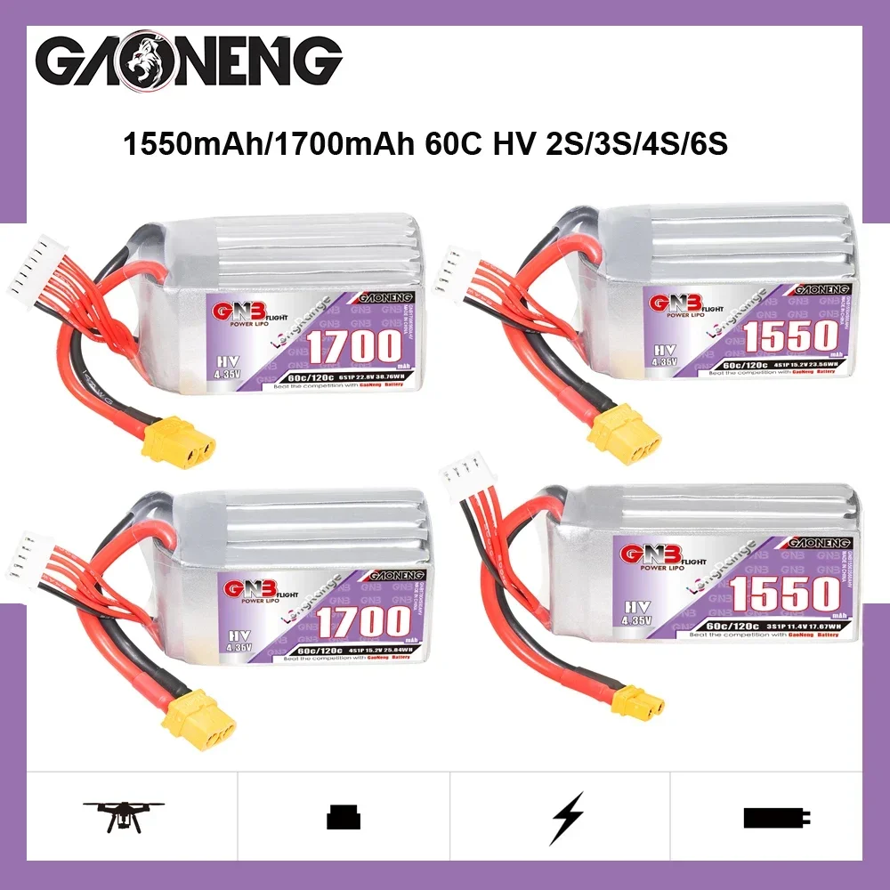 GAONENG 7.6V/11.4V/15.2V/22.8V 1550mAh/1700mAh 60C/120C 2S/3S/4S/6S LiHV Battery For FPV Racing Drone RC Quadcopter GNB HV Lipo