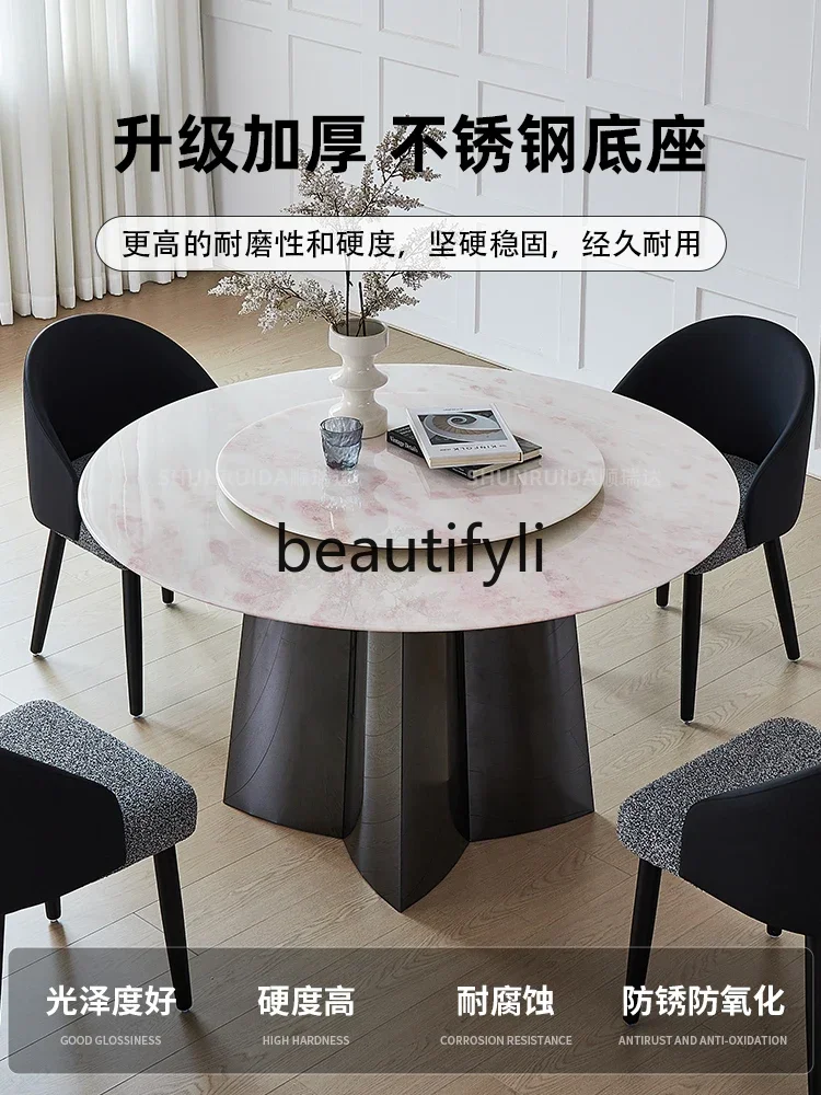 DD45 Imported Pink Diamond Luxury Stone Dining Table Rose Round Natural Marble Dining Table and Chair Set