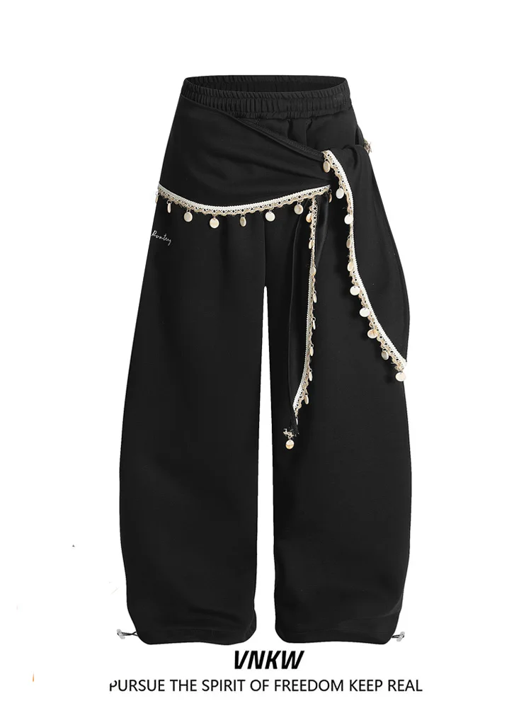 

Retro American Cleanfit Sports Sweatpants Men's Casual Lace Knife Loose Leggings Street Dance Leisure Wide Leg Pants