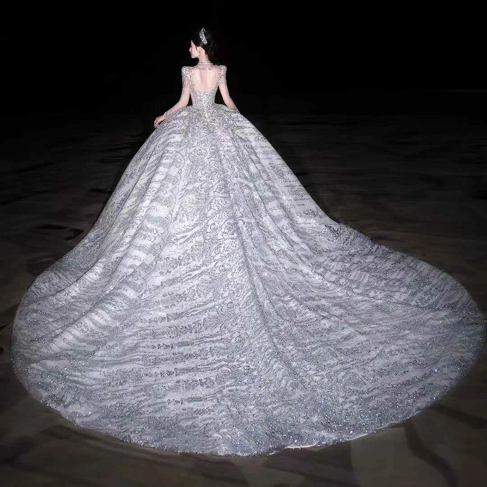 Ball Gown O-Neck White Customized Back Lace Up Wedding Dresses Long Sleeve Organza Sequins Bridal Gowns Plus Size فساتين