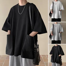 Summer Oversized T-shirt Solid Round Neck Loose Side Split T Shirt for Men Harajuku Half Sleeve Tee Simple Daily Tees