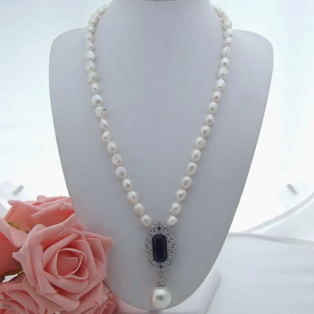 10-11mm white baroque freshwater cultured pearl micro inlay zircon accessories pendant sweater necklace long 66cm