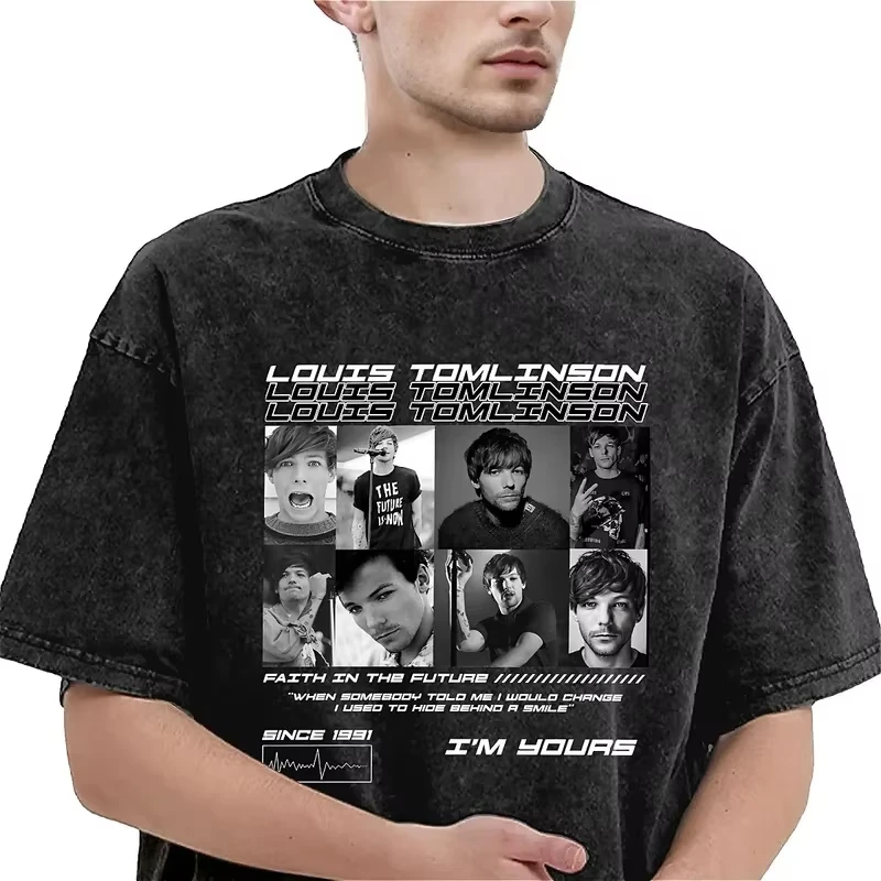 Streetwear Washed T Shirt Louis Tomlinsons Cotton T-Shirts Music Tour Fashion Tee Shirt for Men Summer Awesome Clothes