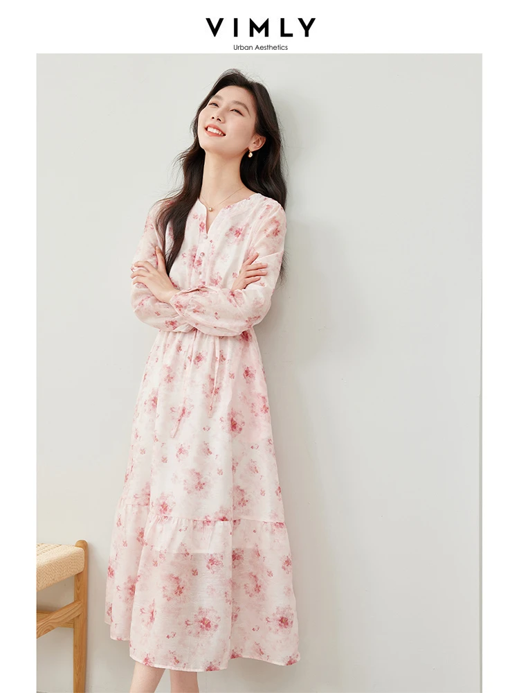 Vimly French Style V-neck Floral Chiffon Dress Woman 2024 Spring Elastic Waist Lace-up Puff Sleeve A-line Midi Dresses M6118