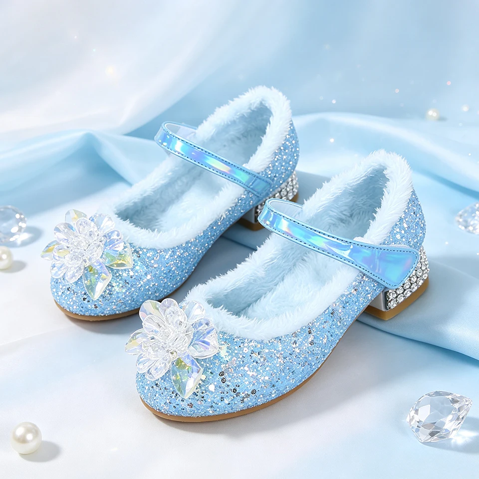 Winter Plush Little Girls Sequins Mary Jane Princess Crystal Shoes Christmas Halloween Cosplay Masquerade Birthday Party Shoe