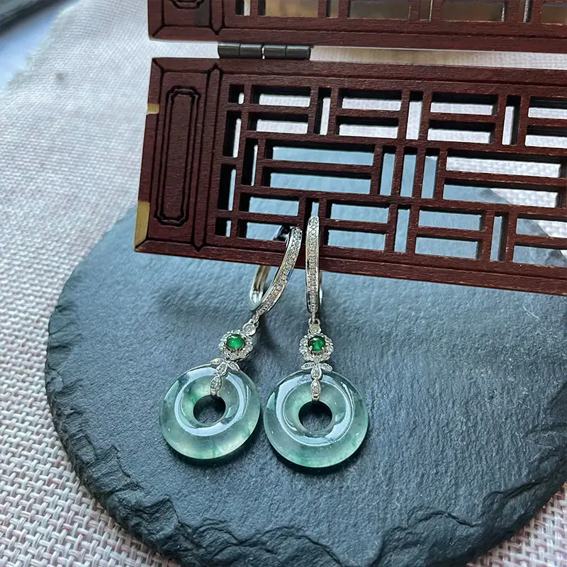 

Designer's new silver inlaid natural chalcedony high ice ring earrings for women fresh retro Chinese style ancient charm jewelry