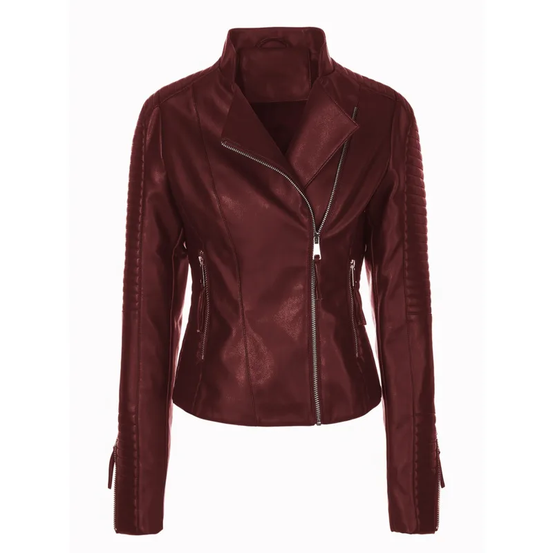 HKSH Women PU Leather Jacket Dark Retro Moto Biker Style Tide Fashion Waist Cinching Patchwork Zippers Stand Collar Coat HK27383