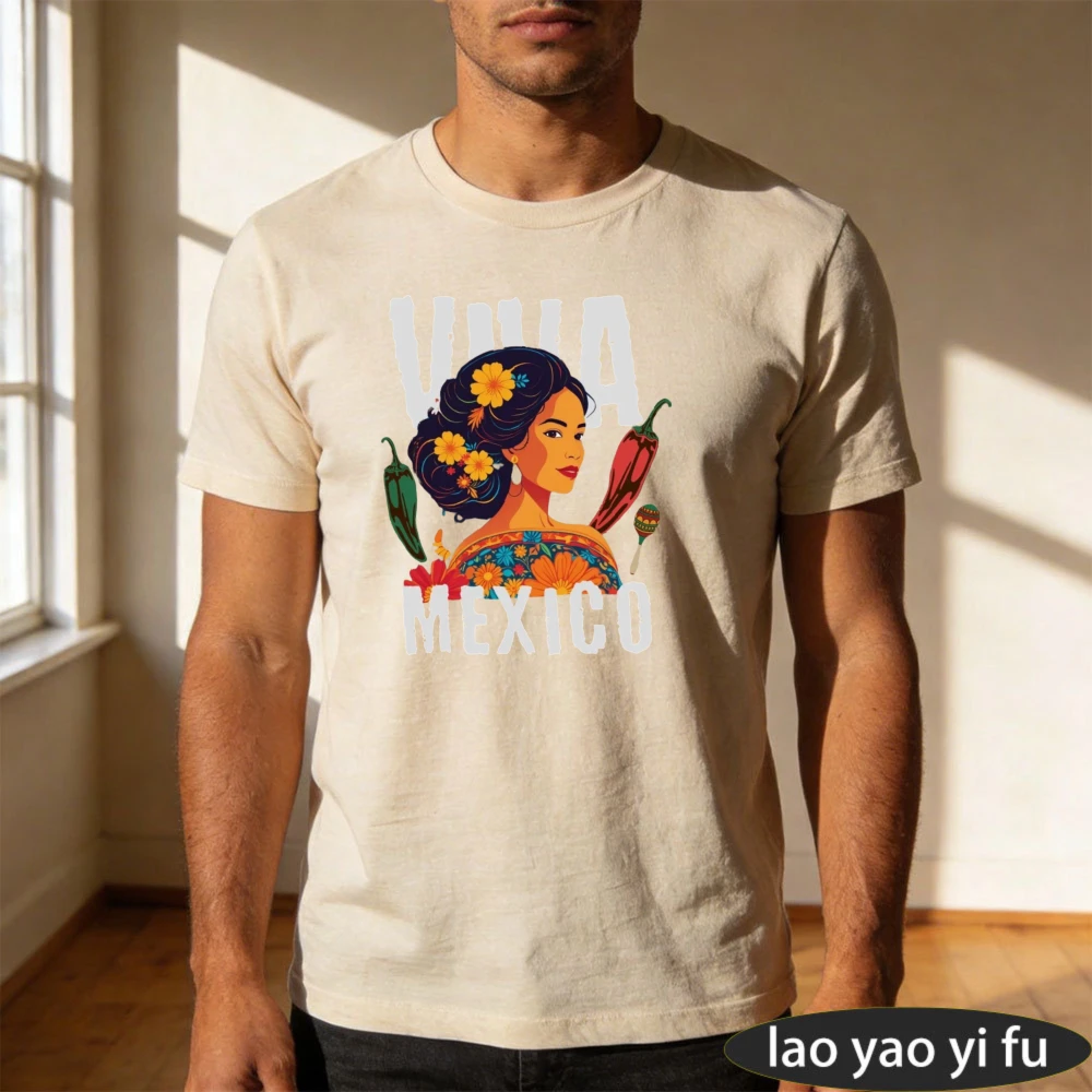 Viva México Mexican Independence Day T-Shirt Short Sleeved Hispanic Heritage Month Gift México Girl Graphic Men's Clothing