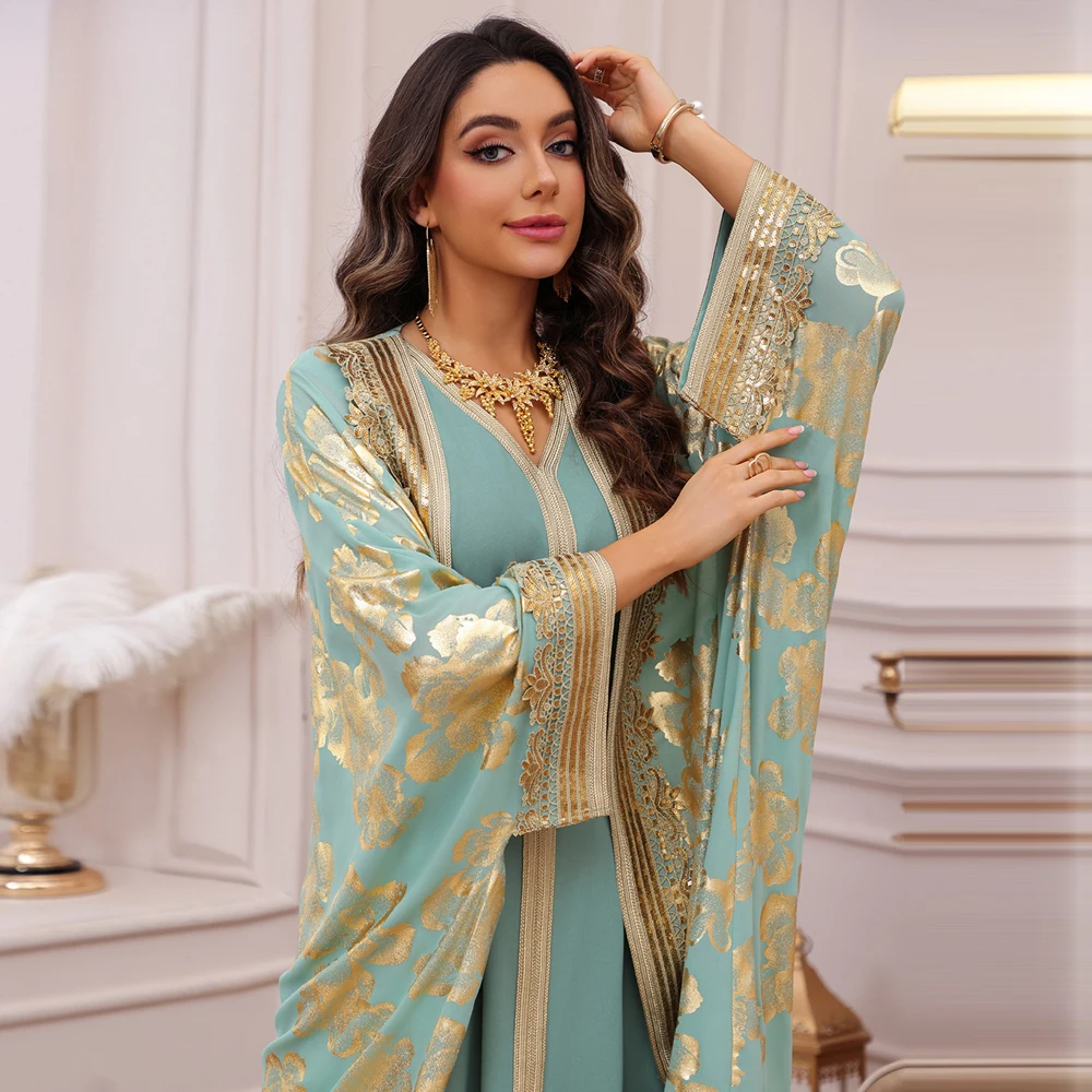 

Ramadan Dubai Kimono Abaya with Inner Dress 2 Piece Set Turkey Kaftan Women Muslim Robe Kebaya Islam Jalabiya Embroidery Outfits