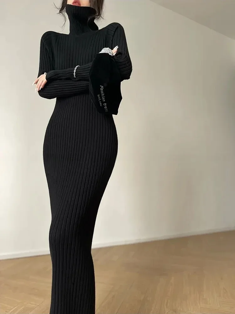 

Black Turtleneck Women Knitted Dress Fall Winter Elegant Slim Office Lady Midi Dress Streetwear Long Sleeve Base Vestidos XT1428