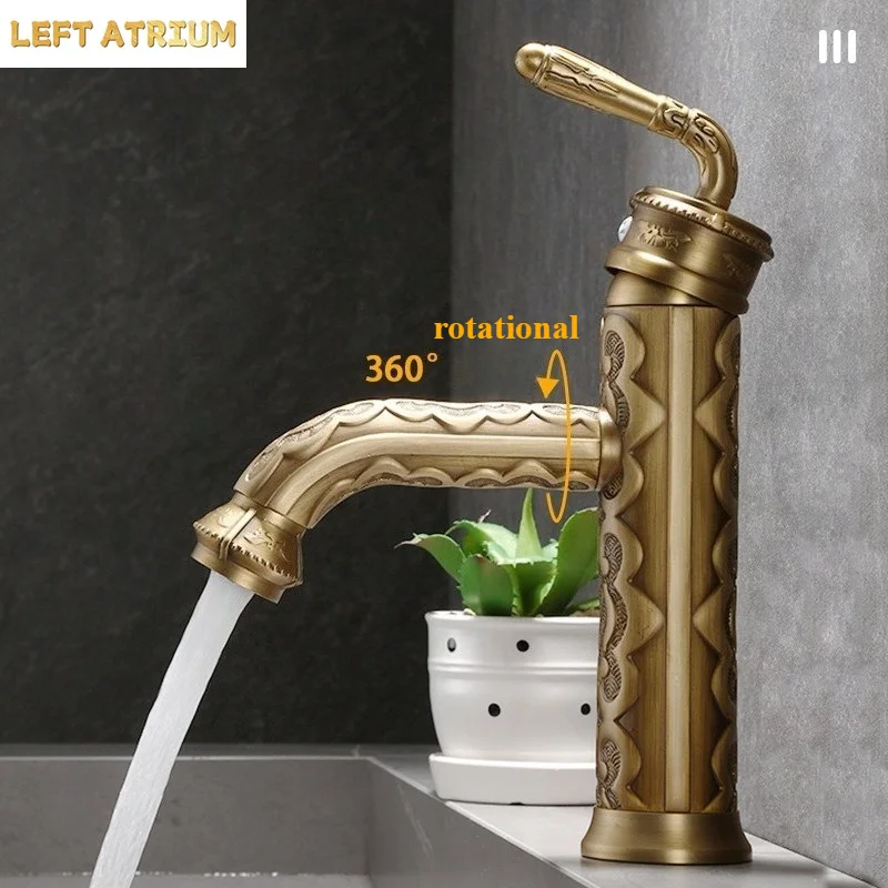 Basin Faucets Solid Brass Vintage carving Antique Bathroom Faucet Single Handle 360 Degree Swivel Spout Hot Cold Water