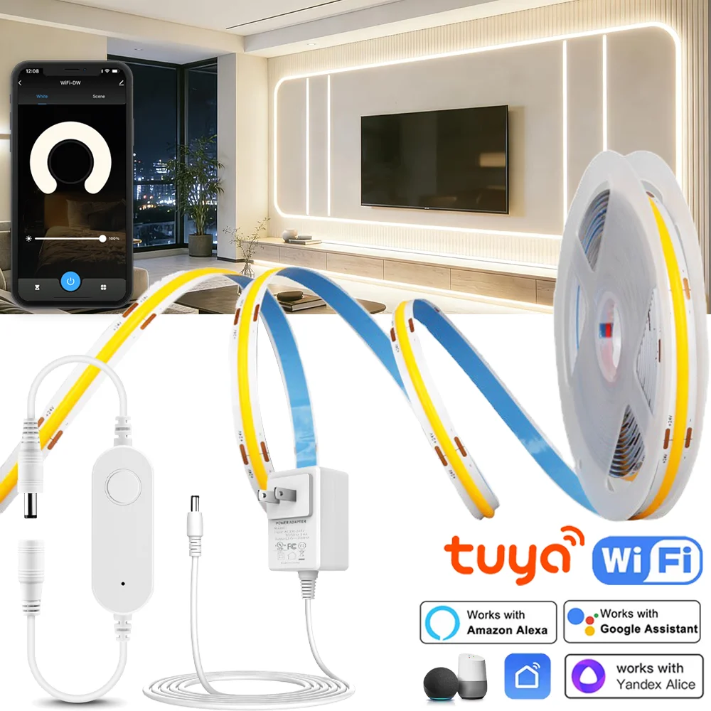 12V Tuya Smart Life WiFi COB LED Strip 1m 2m 3m 4m 5m White/Warm White Dimmable COB LED Strip Light Work with Alexa Google Home