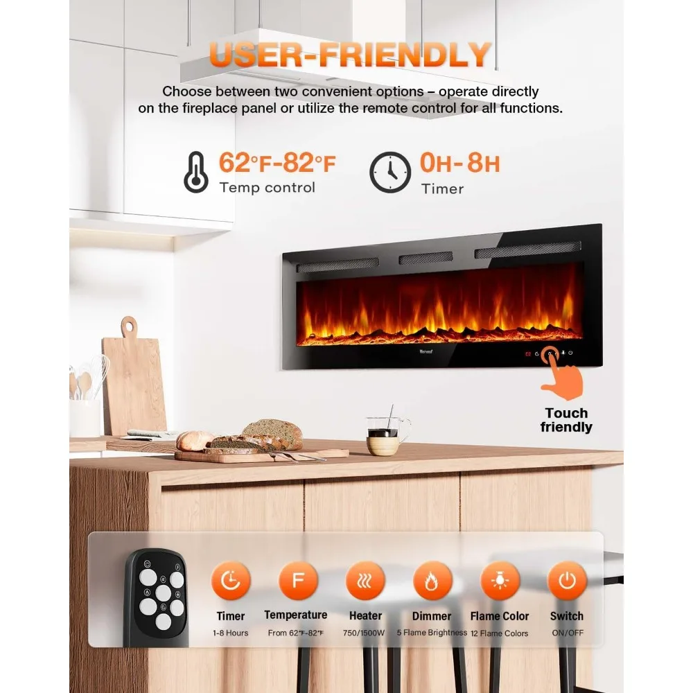 60 Zoll realistische Flamme elektrische Kamin heizung, 750-1500w mit Timer-Einsätzen/Wand-/TV-Ständer Touchscreen & Fernbedienung