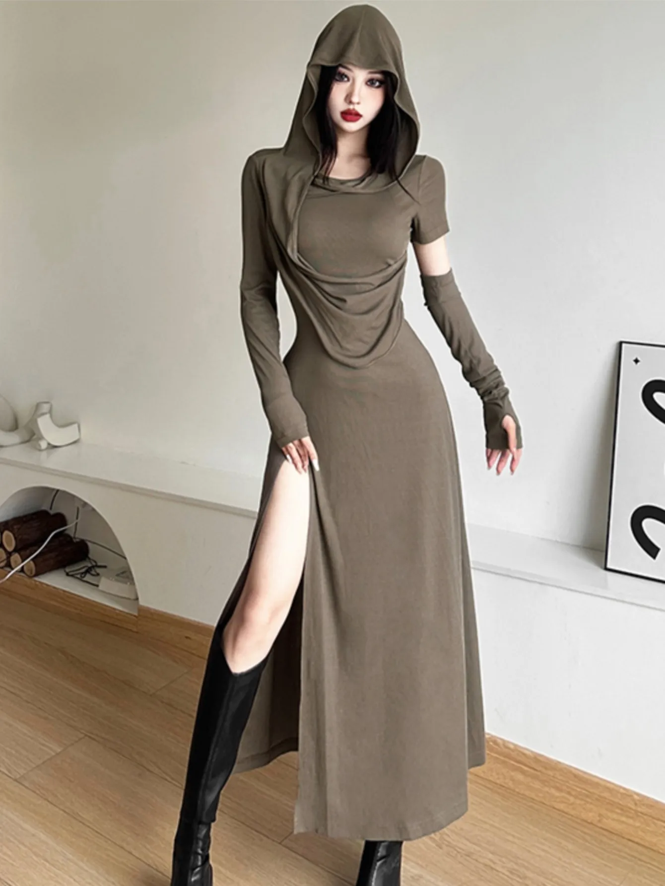 Street Wasteland Style Hoodie Dress for Women Y2K Vintage Solid Color Slim Waist Vestidos Autumn Fashion Long Sleeve Robe Mujer