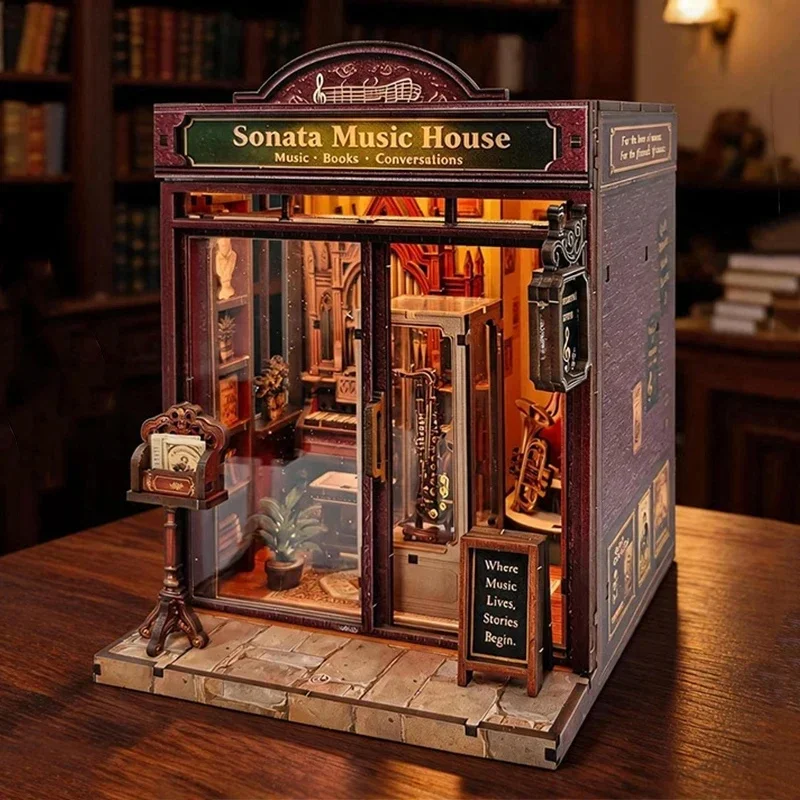 DIY Vintage Music Hall Dollhouse Miniature Scene 3D Puzzle Assembly Model Building Block Desktop Ornament Craft Gift