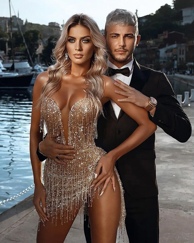 

2022 Autumn New Fashion Women's Sexy Sequin Tassel V-Neck Irregular Dress