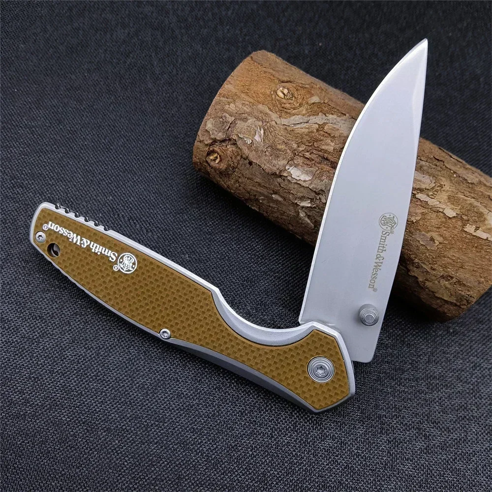 Smith & Wesson Cleft 0520 Assisted Folding Pocket Knife Satin Clip Point Blade Tan G10 and Stainless Steel Handles EDC Tools