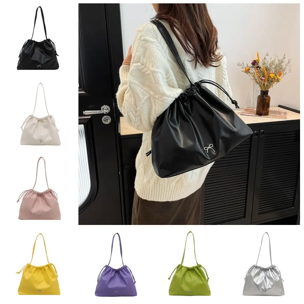 

Large Capacity Drawstring Shoulder Bag Bow Solid Color PU Dumpling Bag Fashion Design Handbag French Style Handbag Shopping