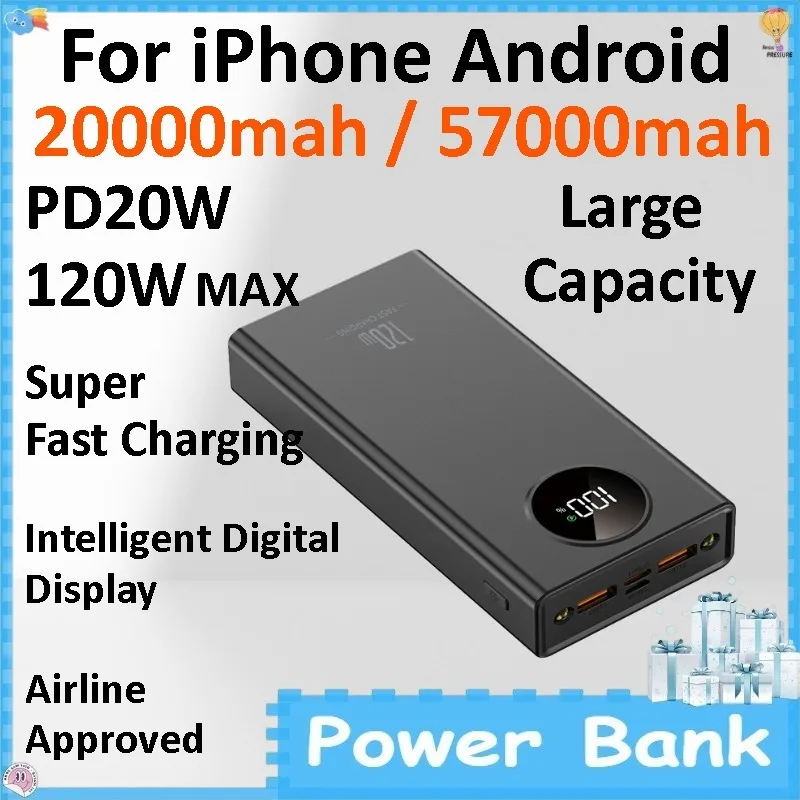 

20000/57000mAh Large Capacity Power Bank 120W PD Super Fast Charging Portable External Battery For iPhone Android