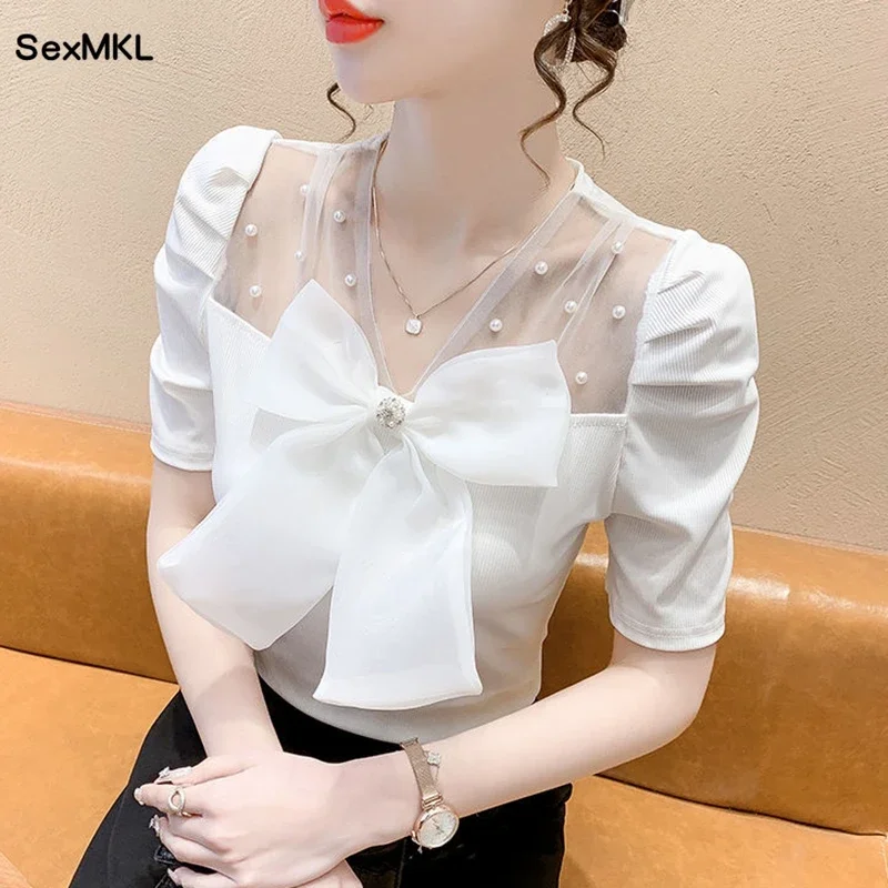 Vintage Beading Summer Blouses Women 2024 Casual V Neck Bow Korean Fashion Y2k Clothes Kawaii White Ladies Puff Sleeve Pink Tops