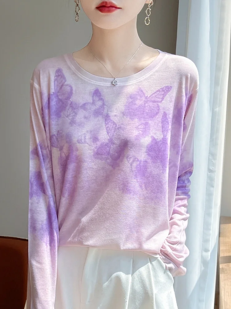 أنيقة طباعة أوائل الخريف رقيقة صغيرة irt طويلة Sve جولة Ne مطبوعة تي شيرت الداخلية لينة متماسكة قاعدة سترة عادية Sle Loo...