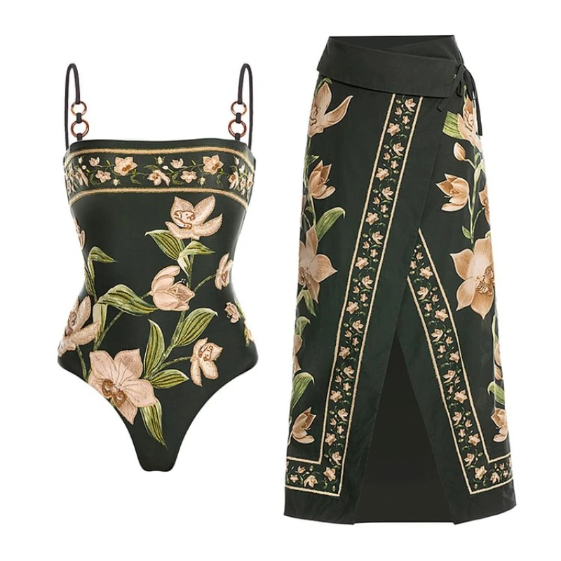 Summer Sexy One Piece Swimsuit and Skirt Flaxmaker Vintage Flower Printed Vacation Beachwear and Sarong Luxury Bathing Suit