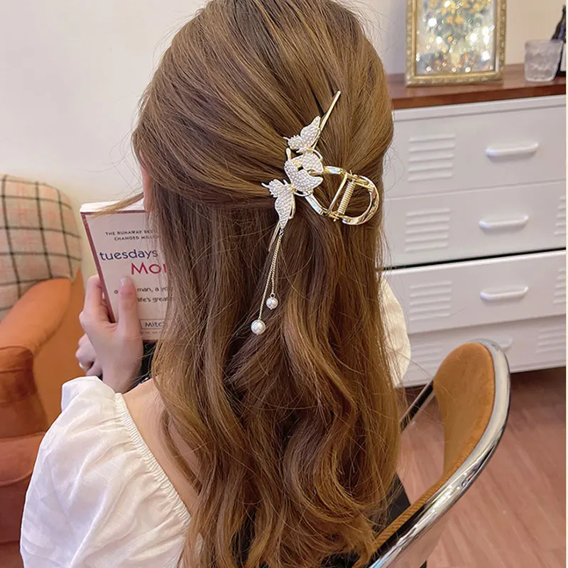 Butterfly Hair Claw Clip Clip Pearl Tassel Chain Hair Claw Rhinestone Clamp Fashion Women Girls Hairpin