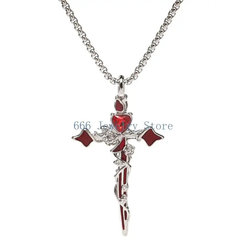 F2TD Beautiful Black Silver Heart And Crucifix Necklace Dainty Jewelry Anniversary Present For Women And Girls