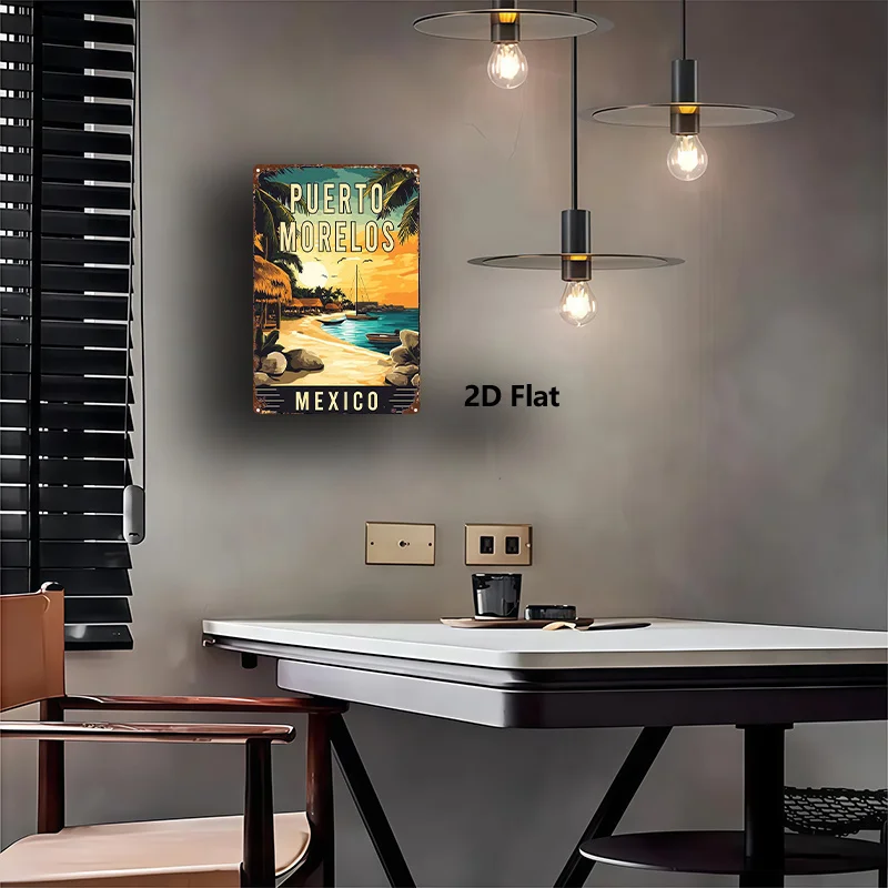 2D Flat, 1pc, Metal Sign, Puerto Morelos Mexico Beach Vintage Tin Plate Poster, Vintage Hanging Art for Home, Bar, Garage, Club,