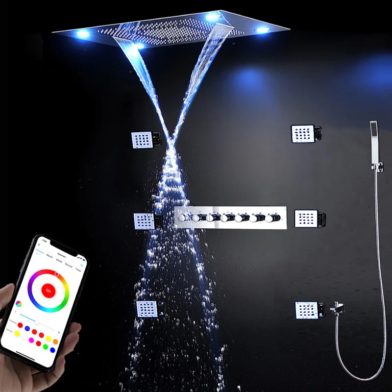 hm Bathroom Accessories Music Shower Set 6 Functions Bath Ceiling LED Thermostatic Faucets System Waterfall Rainfall Showerhead