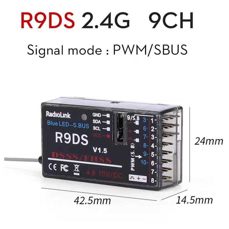 ตัวรับสัญญาณวิทยุ RadioLink R9DS 9/10 ช่องสัญญาณ ระยะควบคุม 4000 เมตร พร้อมระบบส่งข้อมูลแบบเรียลไทม์ สำหรับเฮลิคอปเตอร์ เครื่องบินปีกตรึง เครื่องร่อน และหุ่นยนต์