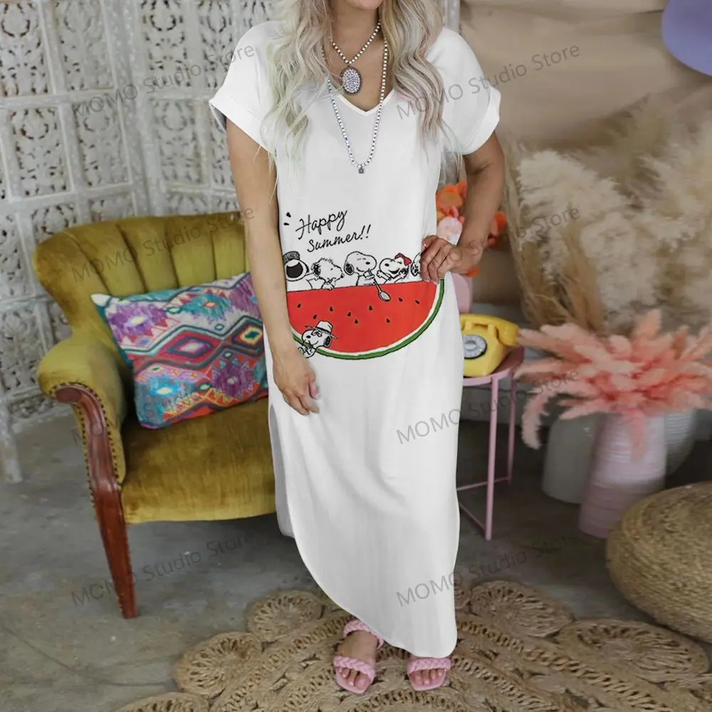 Snoopy  Long Dresses V-neck Robe Women's Clothes Kawaii 2024 Fashion Elegant Gowns Streetwear Summer Woman Dress S-2XL Lovely