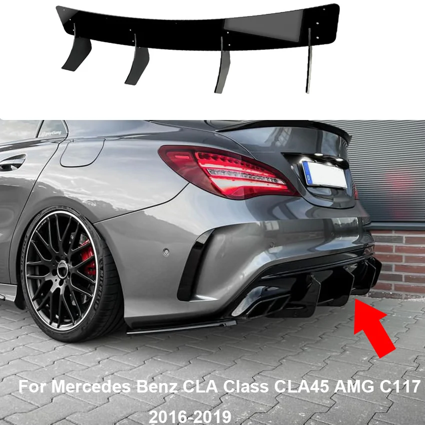 2016 - 2019 For Mercedes Benz C117 CLA45 AMG Line 4 Fins Glossy Black Car Rear Bumper Diffuser Rear Side Splitters Spoiler Lip