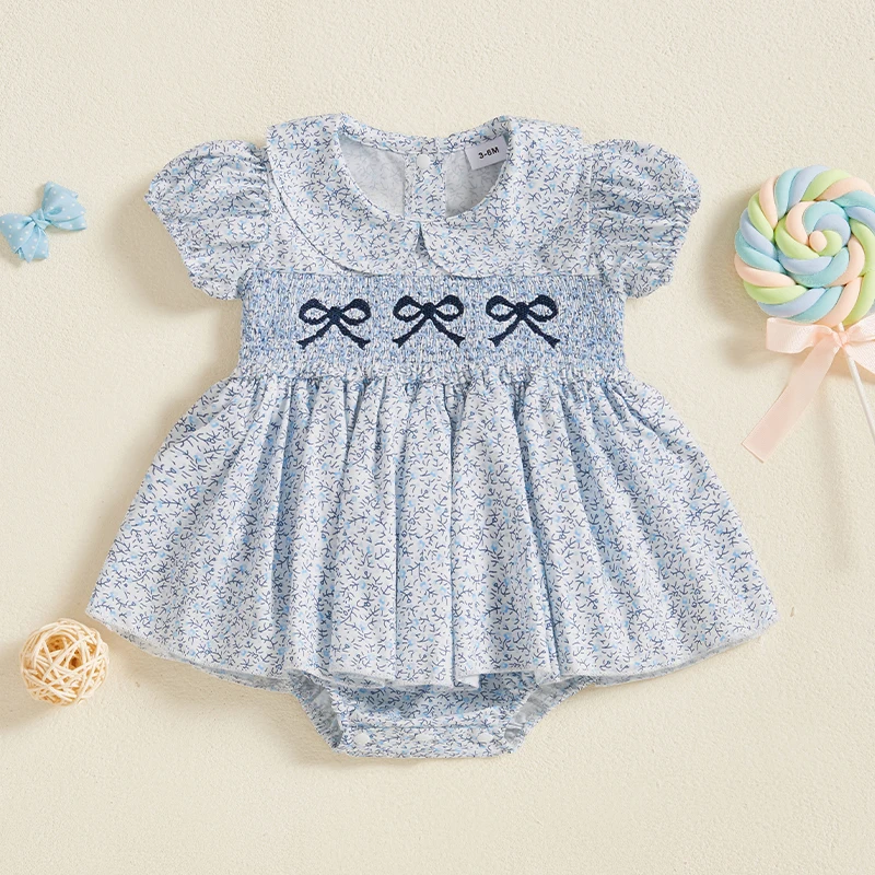 2024-11-21 Lioraitiin Summer Baby Girls Romper Dress Short Sleeve Bow Embroidery Floral Print Sweet Romper