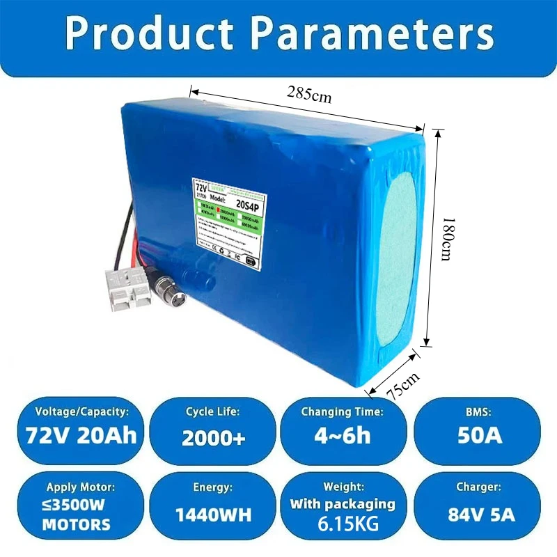 72V 20Ah Electric Bike Lithium Battery Pack 20000mAh Li ion Ebike Battery for Bicycle Scooter Motorcycle with  84V 5A Charger