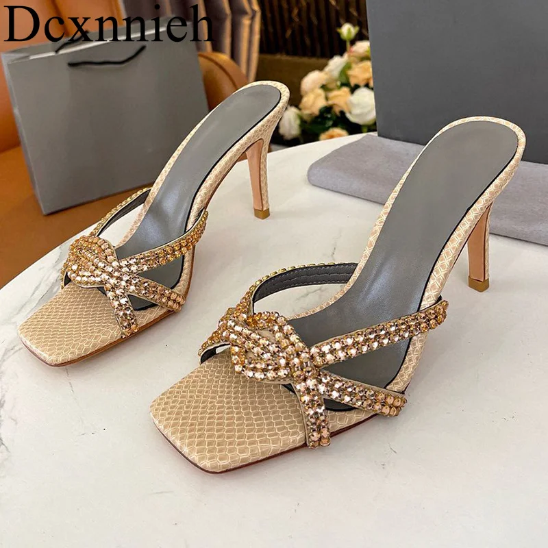 Luxury Rhinestone Thin high Heel Slippers Women Square Toe Cross Band Shiny Crystal Sandals Summer Sexy Party Dress Shoes 2024