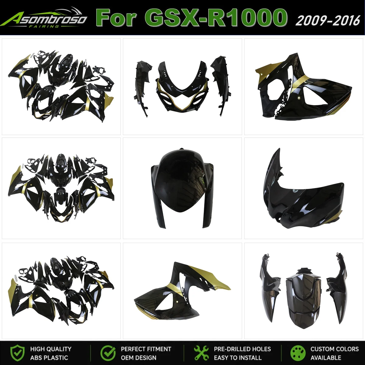 Motorcycle Fairing Kit For Suzuki GSXR1000 GSX-R 1000 2009-2016 K9 Gloss Black Gold ABS Injection Bodywork Set