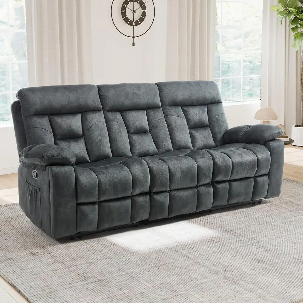 

3-Seat Manual Recliner Sofa with Padded Armrests, Storage Cup Holders, and Living Room Use in Green-Gray Shade