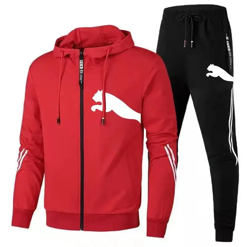 Men\'s spring and autumn zipper with hat fashion hoodie + trousers casual running 2-piece fitness basketball sportswear set