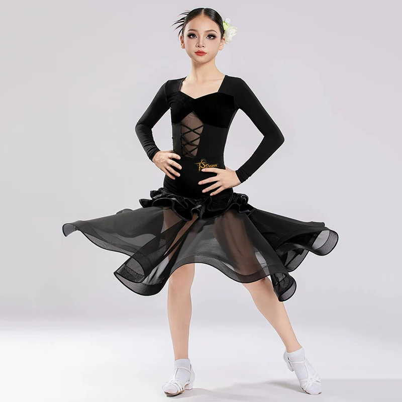Black Ballroom Dance Clothes Girls Velvet Mesh Spliced Dance Suit Standard Modern Dance Competition Performance Costume VDL6171