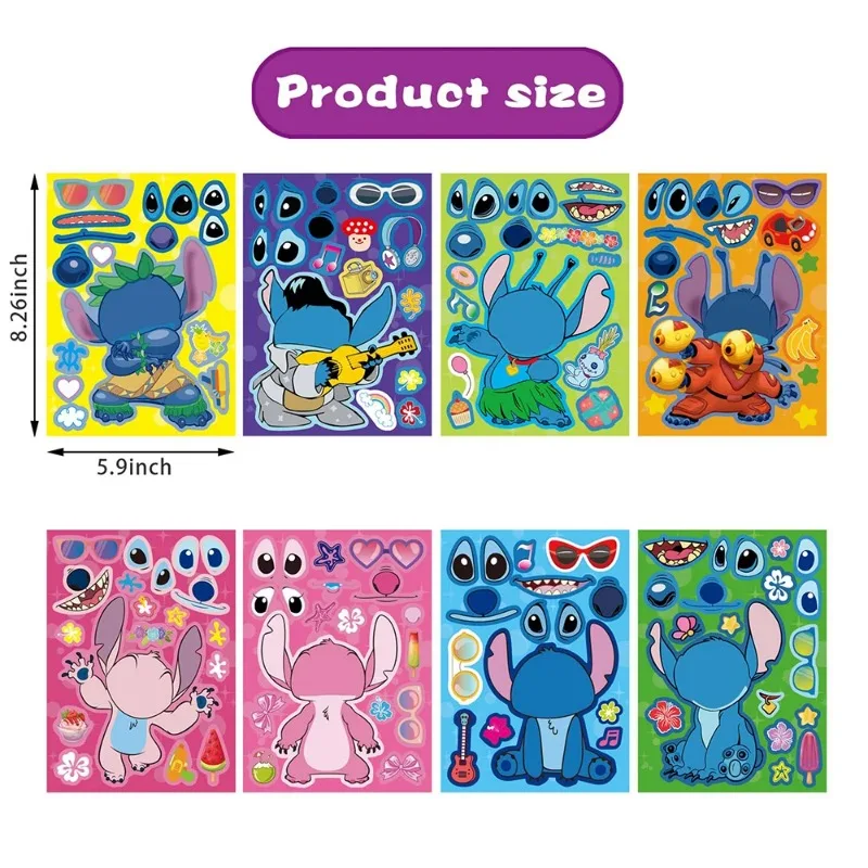 Autocollants de puzzle de dessin animé Disney Stitch pour enfants, faire des visages, jouets de bricolage, puzzle drôle, jeux de fête, 8/16 pièces