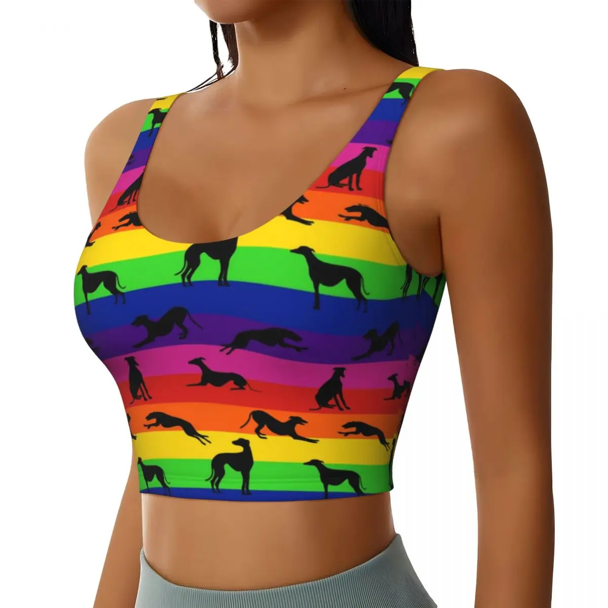 Custom Greyt Greyhound Rainbow High Impact Sports Bras Women Whippet Sighthound Dog Seamless Workout Running Crop Tank Tops