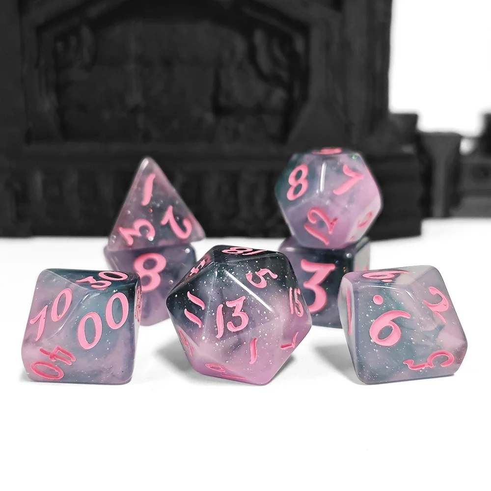 7pcs Galaxy Polyhedral Dice Set with Pink Ink for Board Games Glitter Polyhedral Dice Set Pink Number for DND RPG