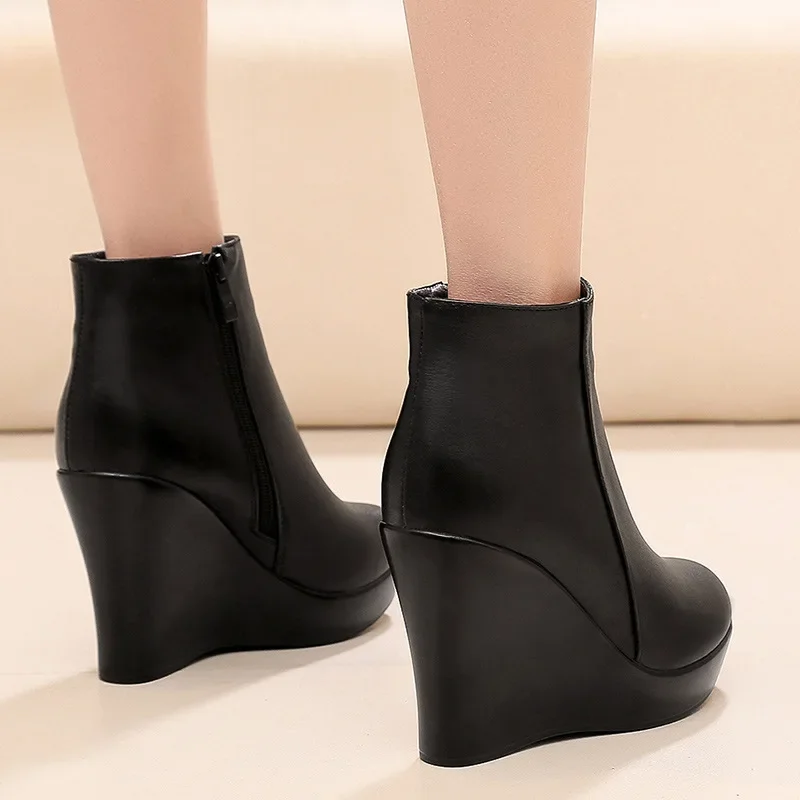 8cm 10cm Small Size 33-41 Comfortable Fall Winter Genuine Leather Boots Platform Wedges Shoes 2024 High Heels Ankle Botas Office