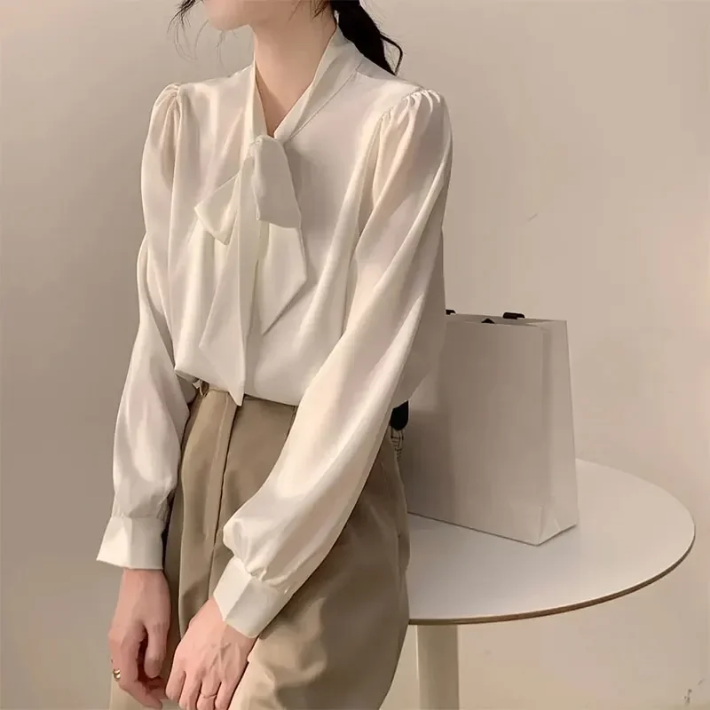 Bow Tie Chiffon Shirts Casual Long Sleeve White Blouse Women's Elegant Business Loose Blouses Ladies Spring and Autumn Chic Tops