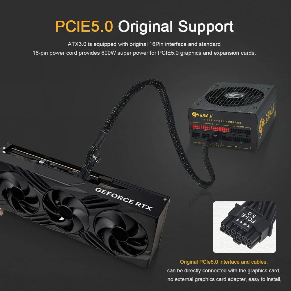 PCIe5.0 GPU Power Cable Sleeved 12VHPWR 16(12+4)Pin Connector For RTX3090Ti 4000 Series Provides 600W Super Power