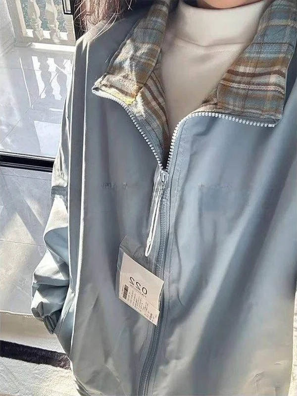 

Светло-голубая мужская куртка в клетку с пэчворком, модная американская бейсбольная куртка на весну-лето, стильная бейсбольная куртка Cleanfit для пар